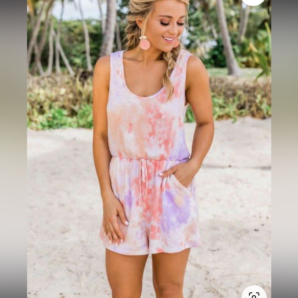 Pink Lily Watercolor Shorts Tie Dye Loungewear Romper Jumpsuit with Pockets